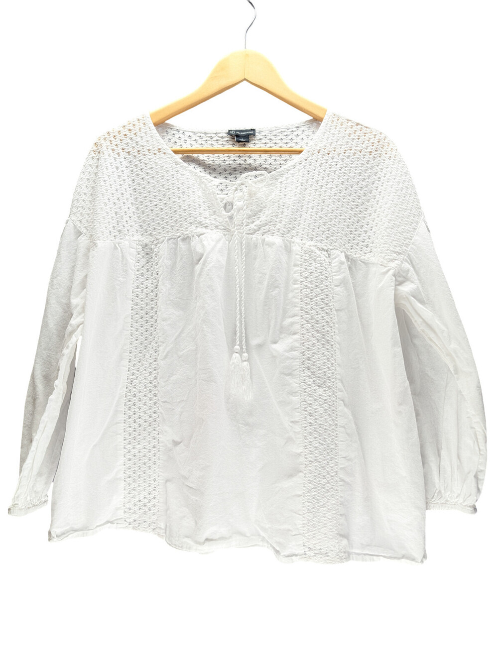 New Directions Top Women L Tassel Tie Crochet Peasant White
